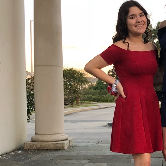 red off the shoulder fit and flare dress